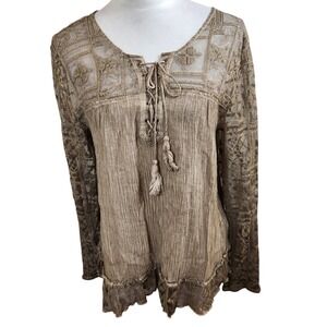Monoreno Boho Lace Trim Gauze‎ Blouse Tassel Tie Fairy Y2K Sheer Womens Medium